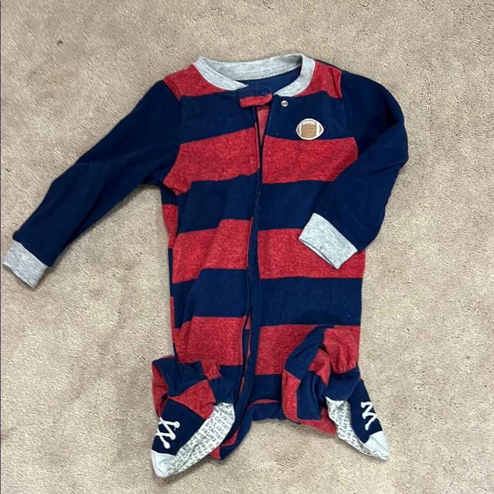 Red and Blue Striped Pajama Set with Footie Design